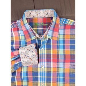 Alan Flusser Mens Large Plaid Long Sleeve Button Front Floral Flip Cuff Western